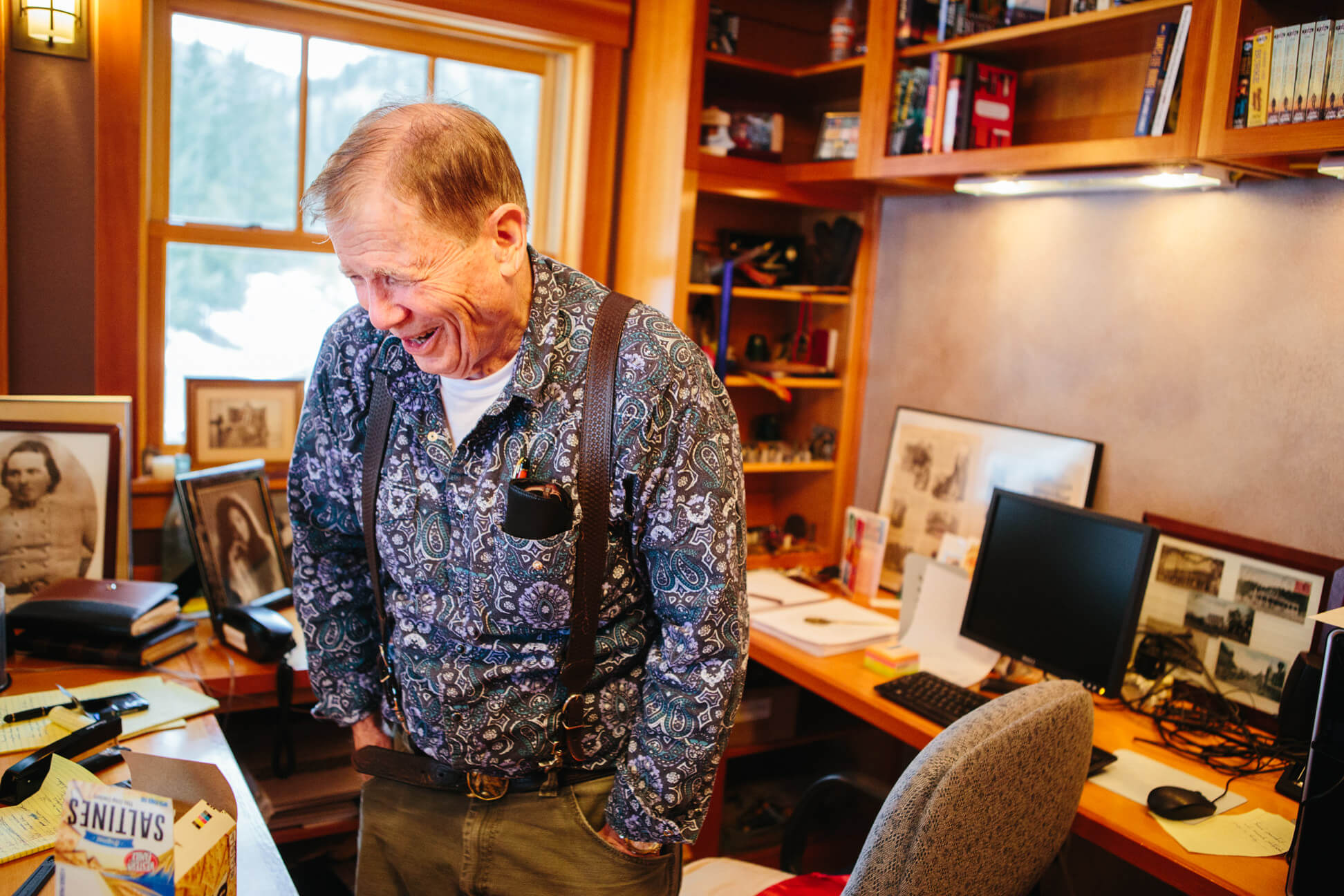 James Lee Burke laughs at his home in Lolo Montana