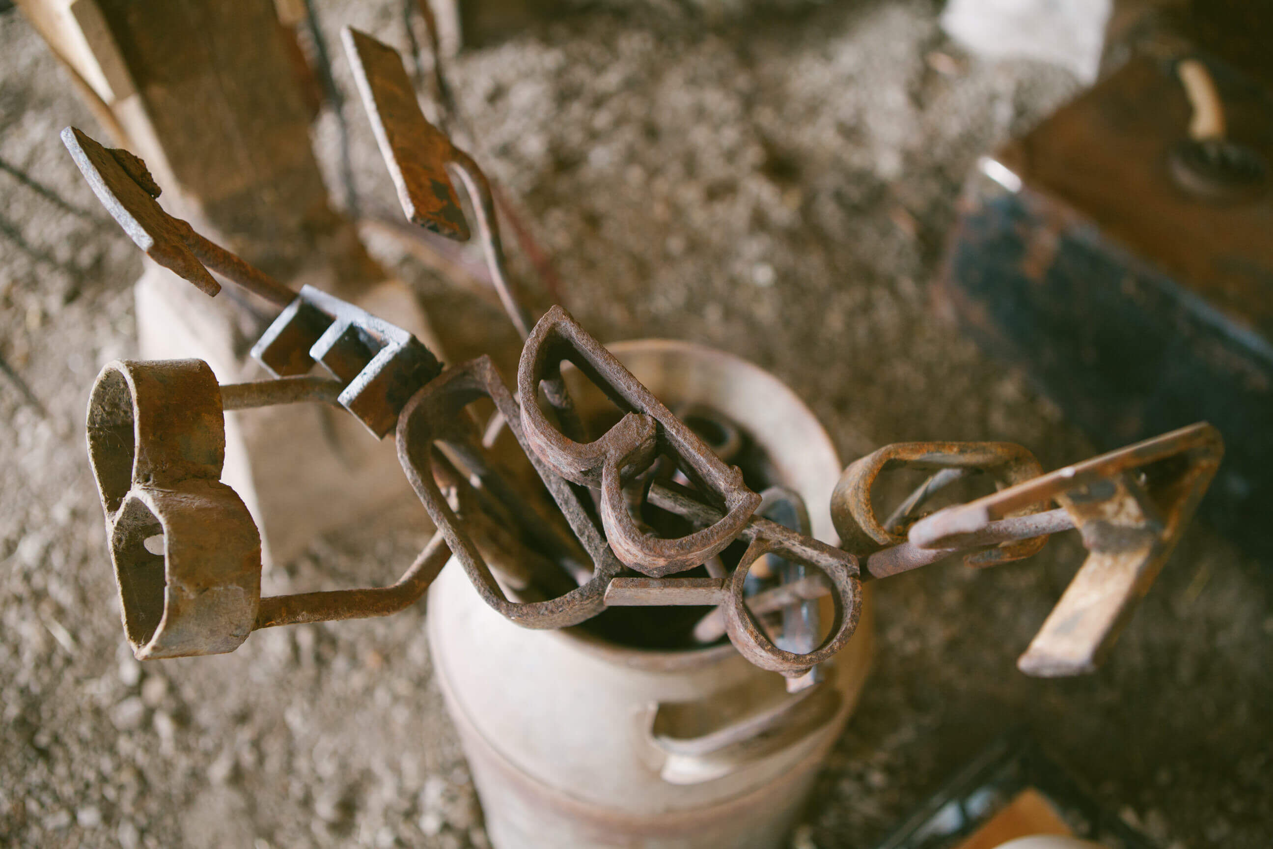 Branding irons rest in an old milk jug in a barn in Conrad Montana