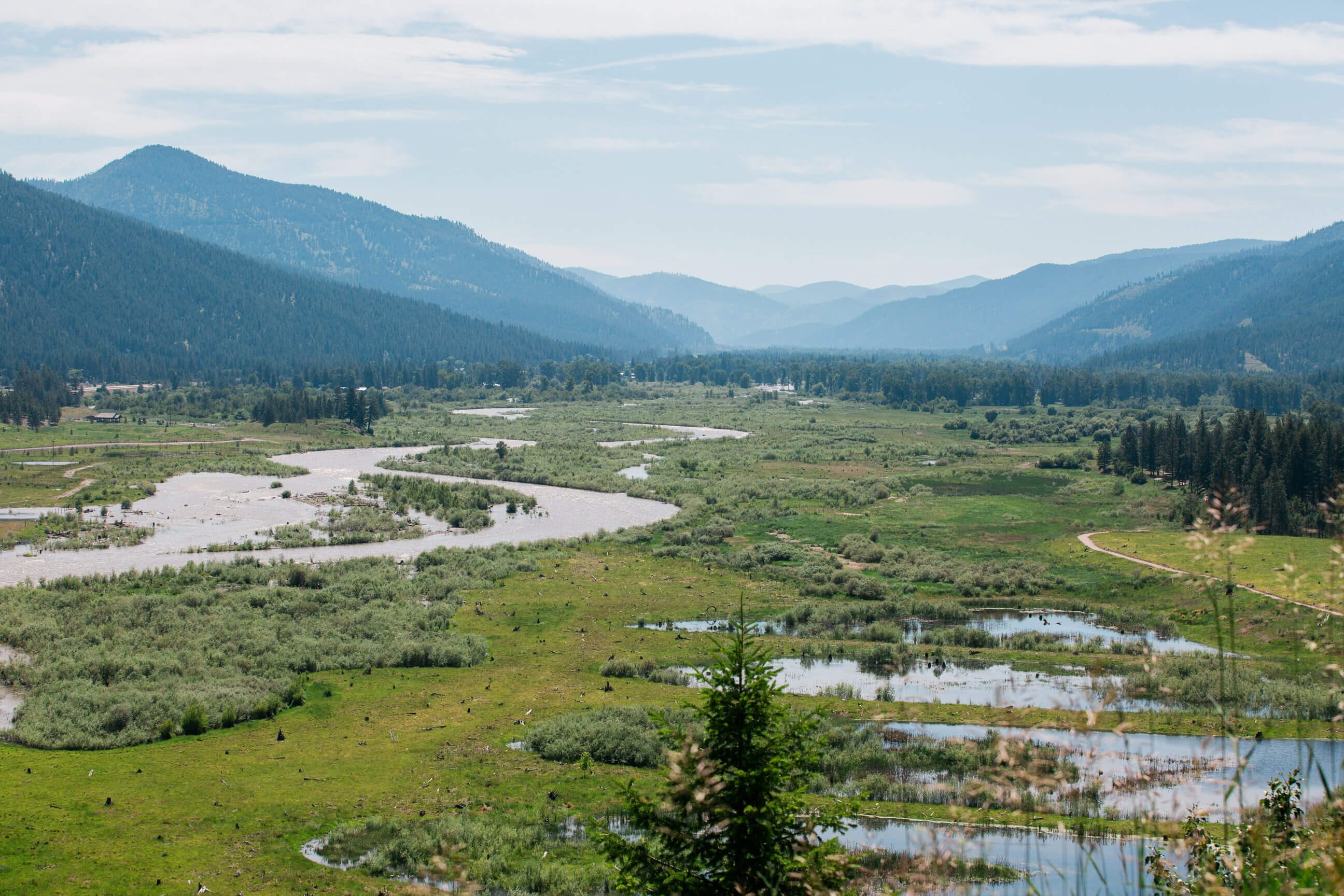 A river winds through a flood plain amidst a mountain backdrop in Montana