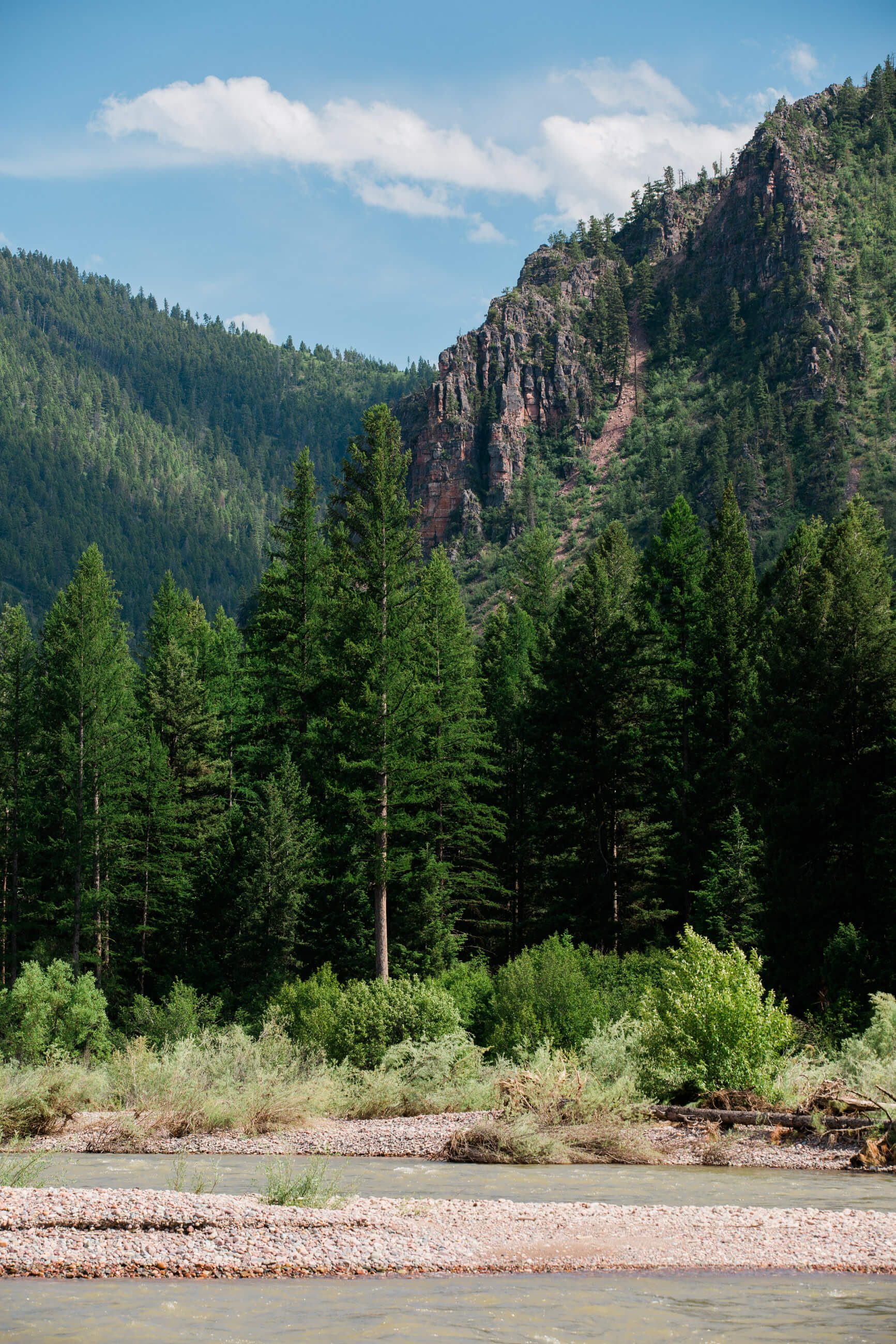 Craggy cliffs shoot up from nearby the Blackfoot River in Montana