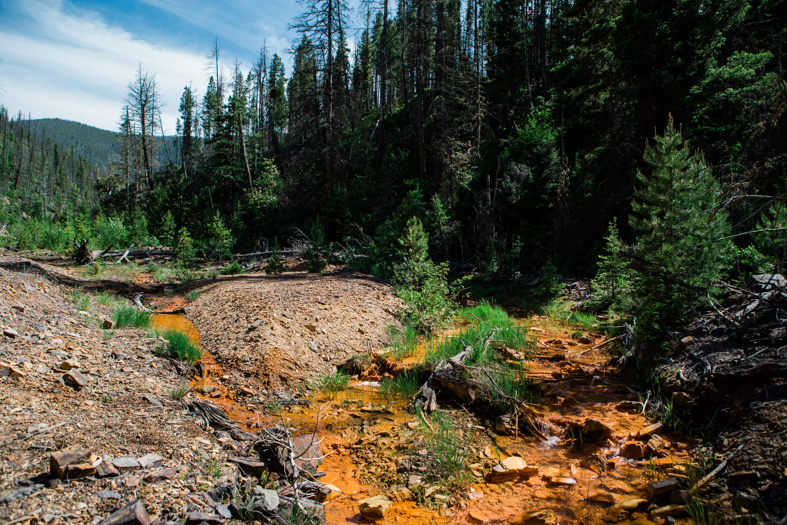 Mine tailings turn bright orange outside of the former Mike Horse mine in Montana