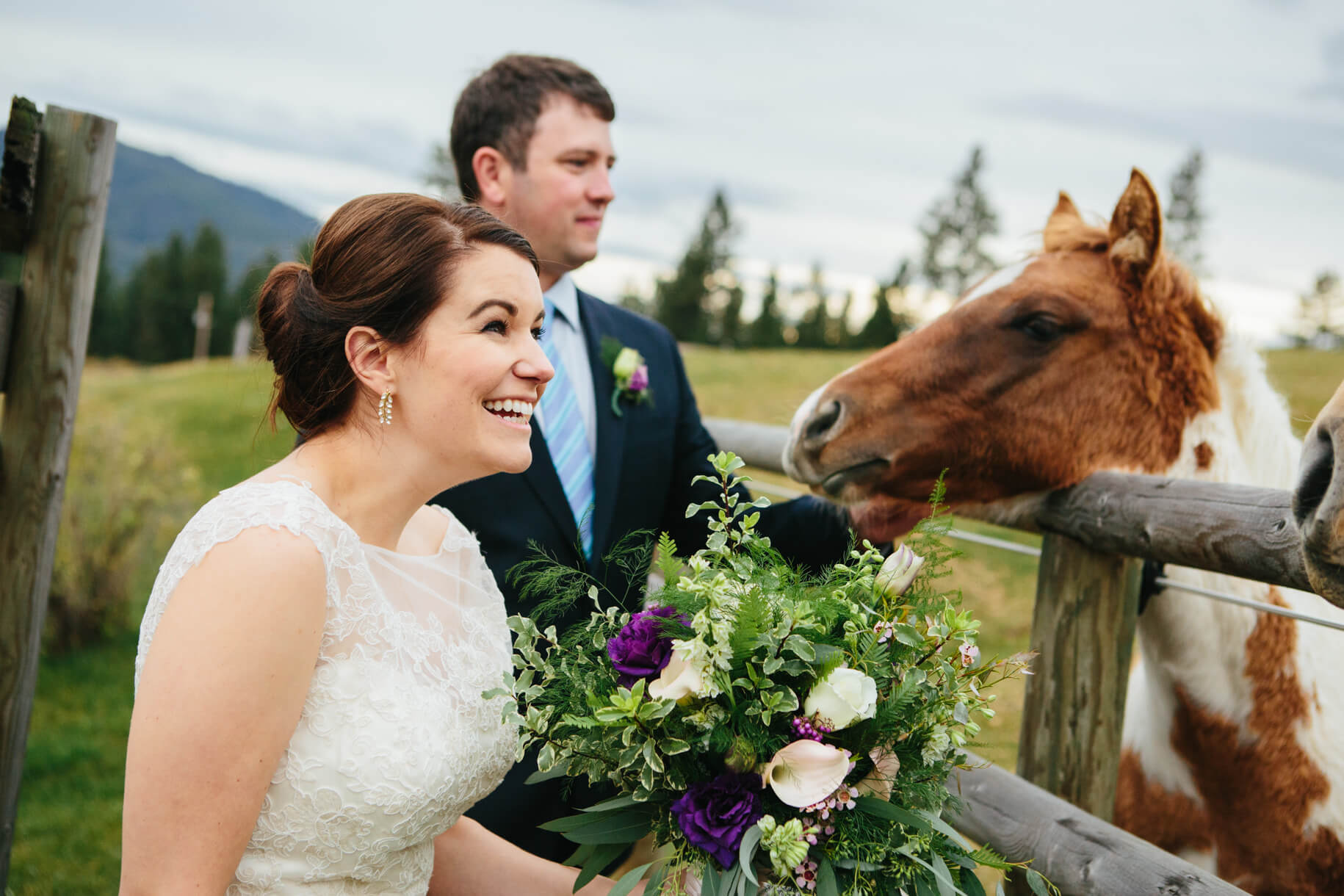 A bride and groom laugh as they interact with horses during their Triple Creek Ranch wedding in Darby Montana
